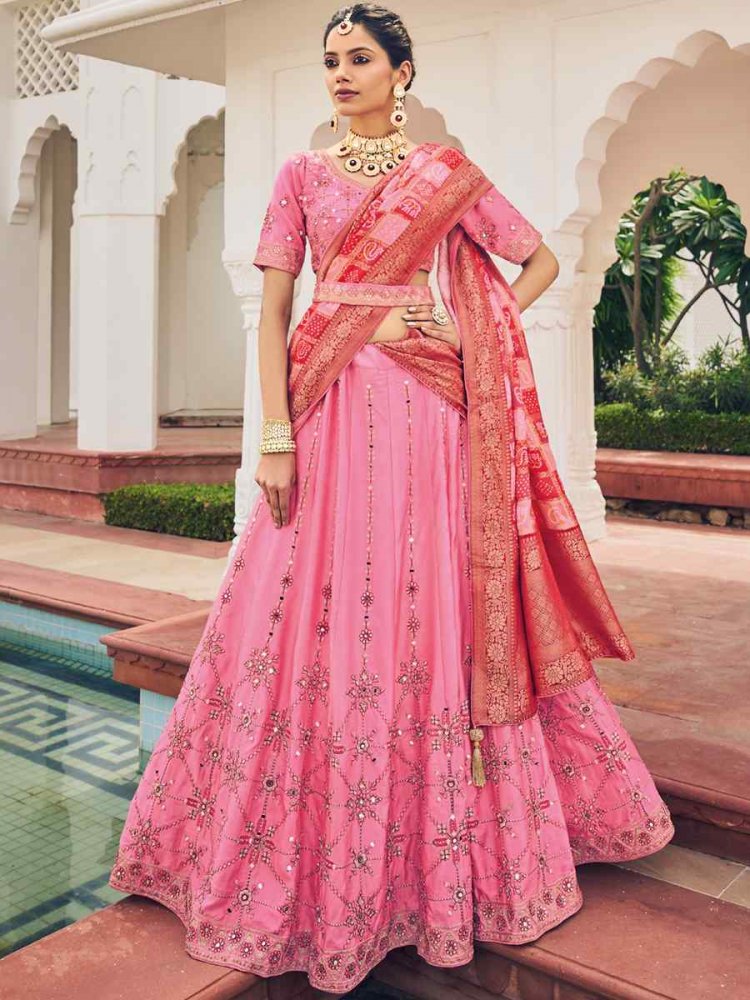 Pink Viscose Embroidered Reception Party Wear Heavy Border Lehenga Choli