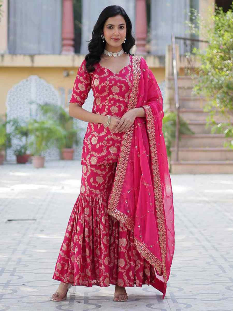 Pink Viscose Georgette Jacquard Embroidered Festival Casual Ready Sharara Pant Salwar Kameez