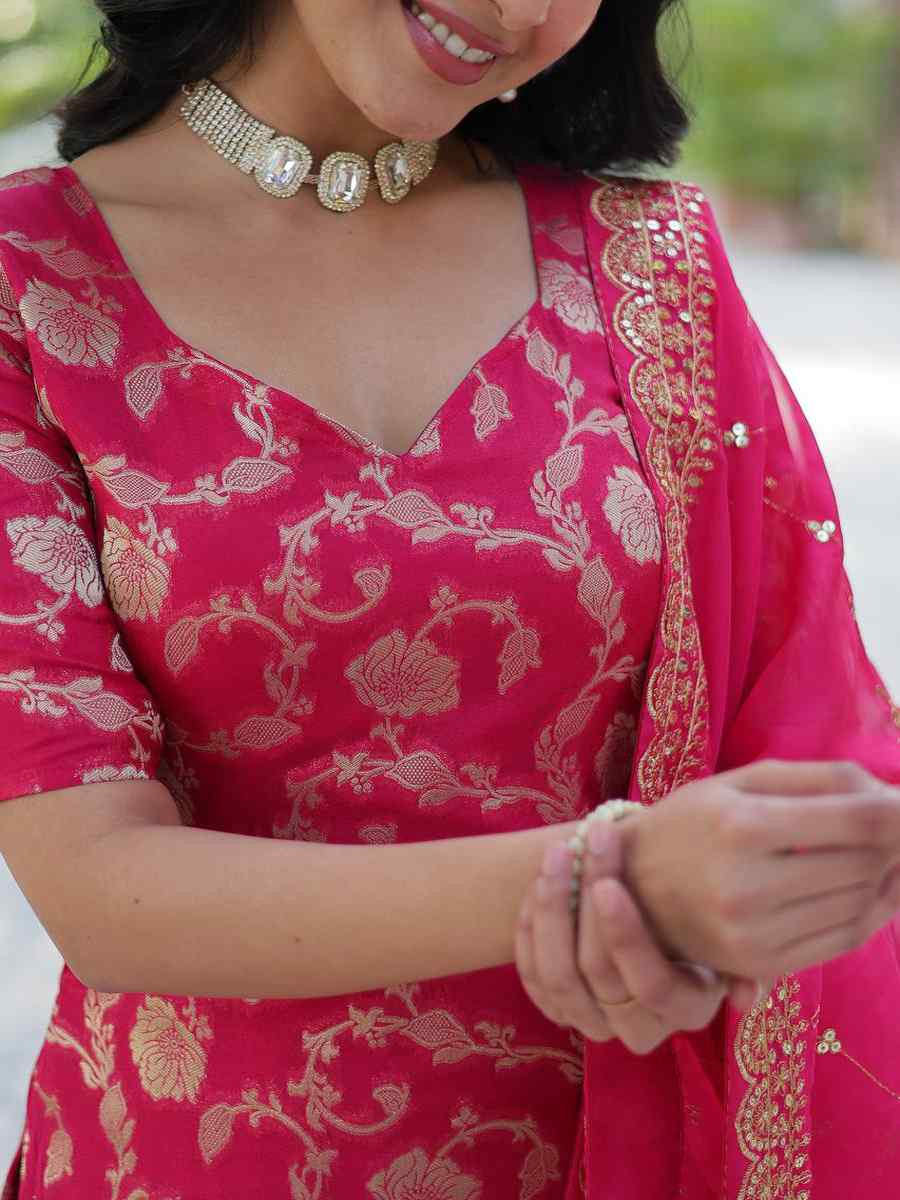Pink Viscose Georgette Jacquard Embroidered Festival Casual Ready Sharara Pant Salwar Kameez