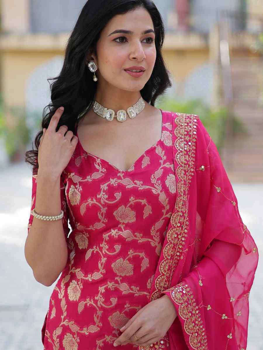 Pink Viscose Georgette Jacquard Embroidered Festival Casual Ready Sharara Pant Salwar Kameez