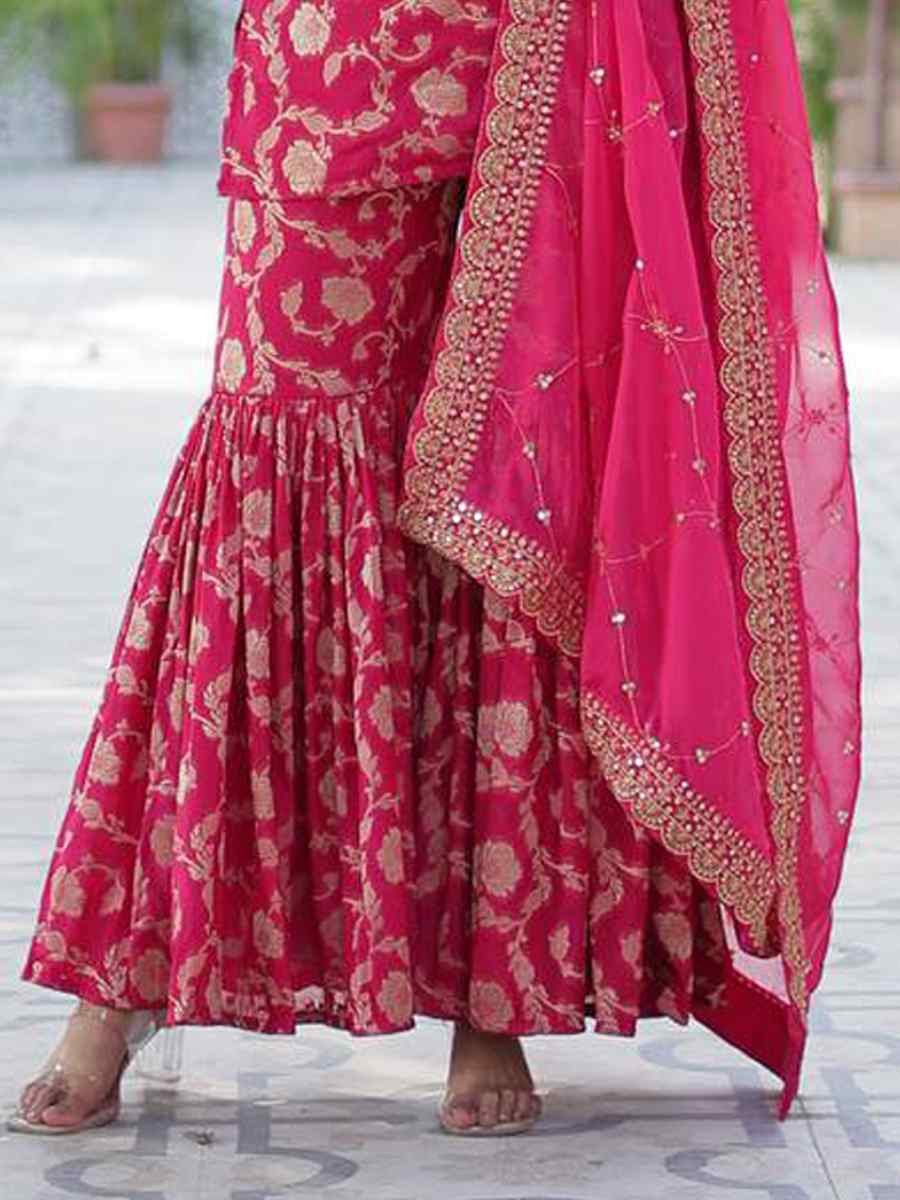 Pink Viscose Georgette Jacquard Embroidered Festival Casual Ready Sharara Pant Salwar Kameez