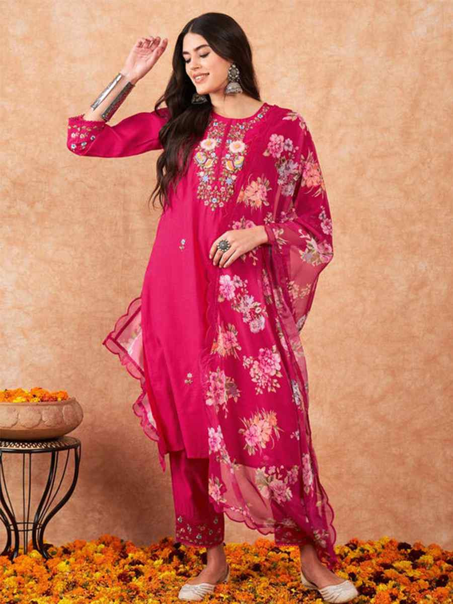 Pink Viscose Jacquard Embroidered Festival Casual Ready Pant Salwar Kameez