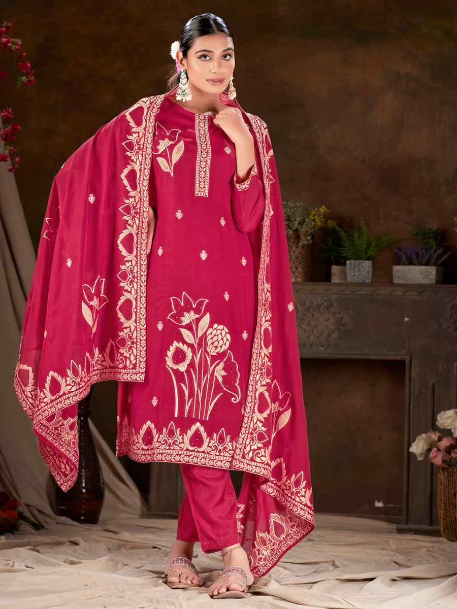 Pink Viscose Jacquard Embroidered Festival Casual Ready Pant Salwar Kameez