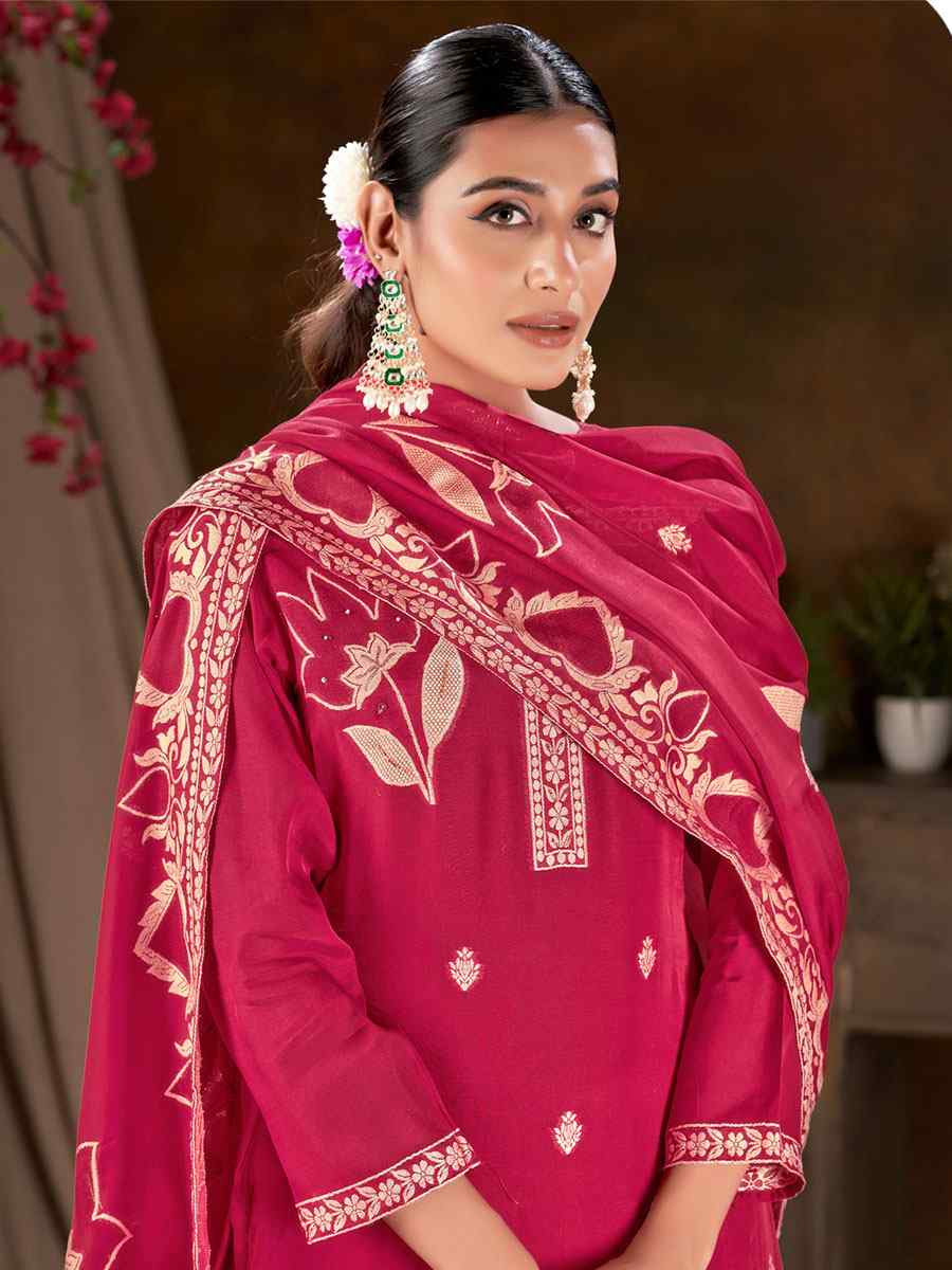 Pink Viscose Jacquard Embroidered Festival Casual Ready Pant Salwar Kameez
