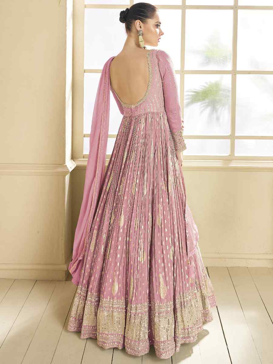 Pink Viscose Jacquard Embroidered Festival Wedding Anarkali Salwar Kameez