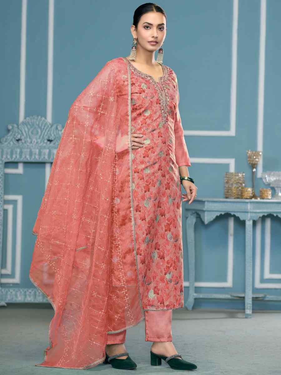 Pink Viscose Organza Embroidered Wedding Festival Pant Salwar Kameez