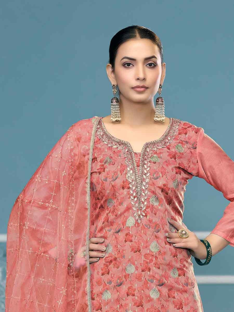 Pink Viscose Organza Embroidered Wedding Festival Pant Salwar Kameez