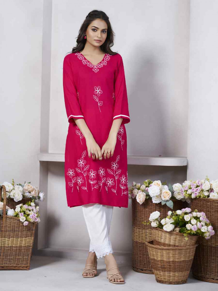Pink Viscose Rayon Embroidered Festival Casual Kurti
