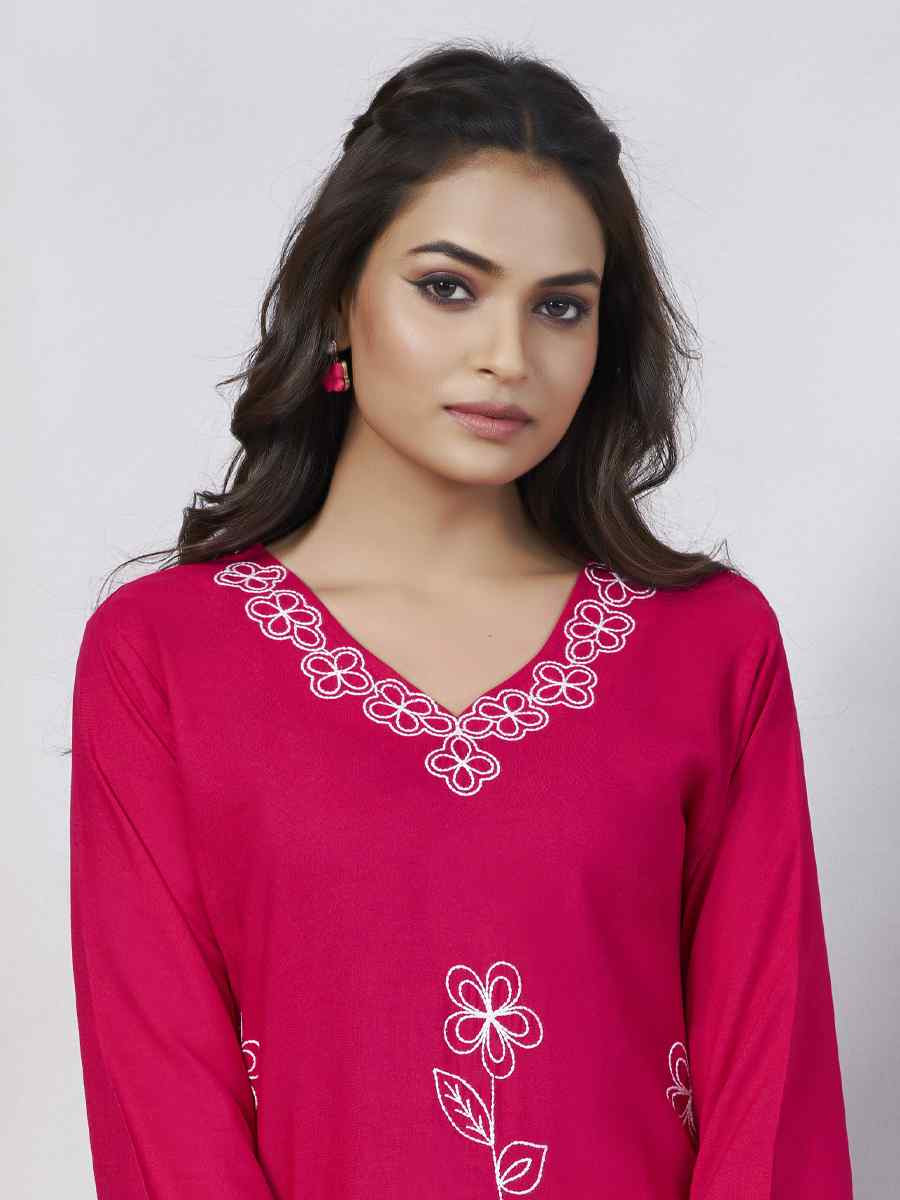 Pink Viscose Rayon Embroidered Festival Casual Kurti
