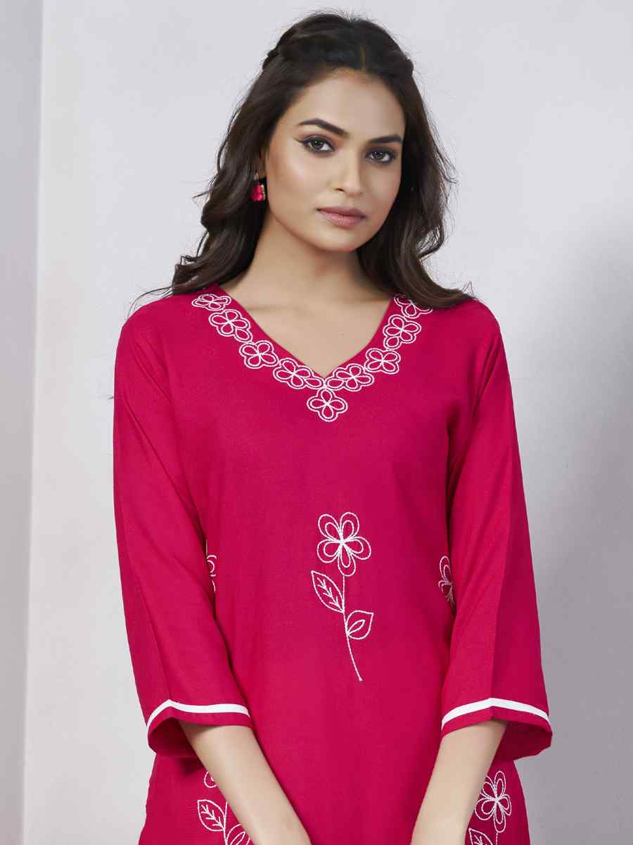 Pink Viscose Rayon Embroidered Festival Casual Kurti