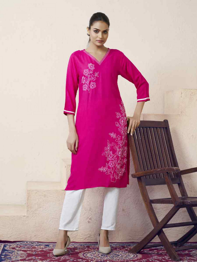 Pink Viscose Rayon Embroidered Festival Casual Kurti