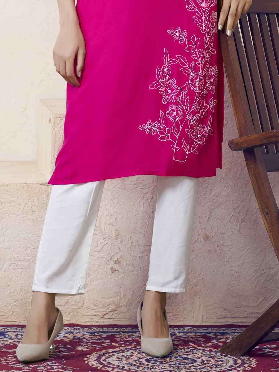 Pink Viscose Rayon Embroidered Festival Casual Kurti