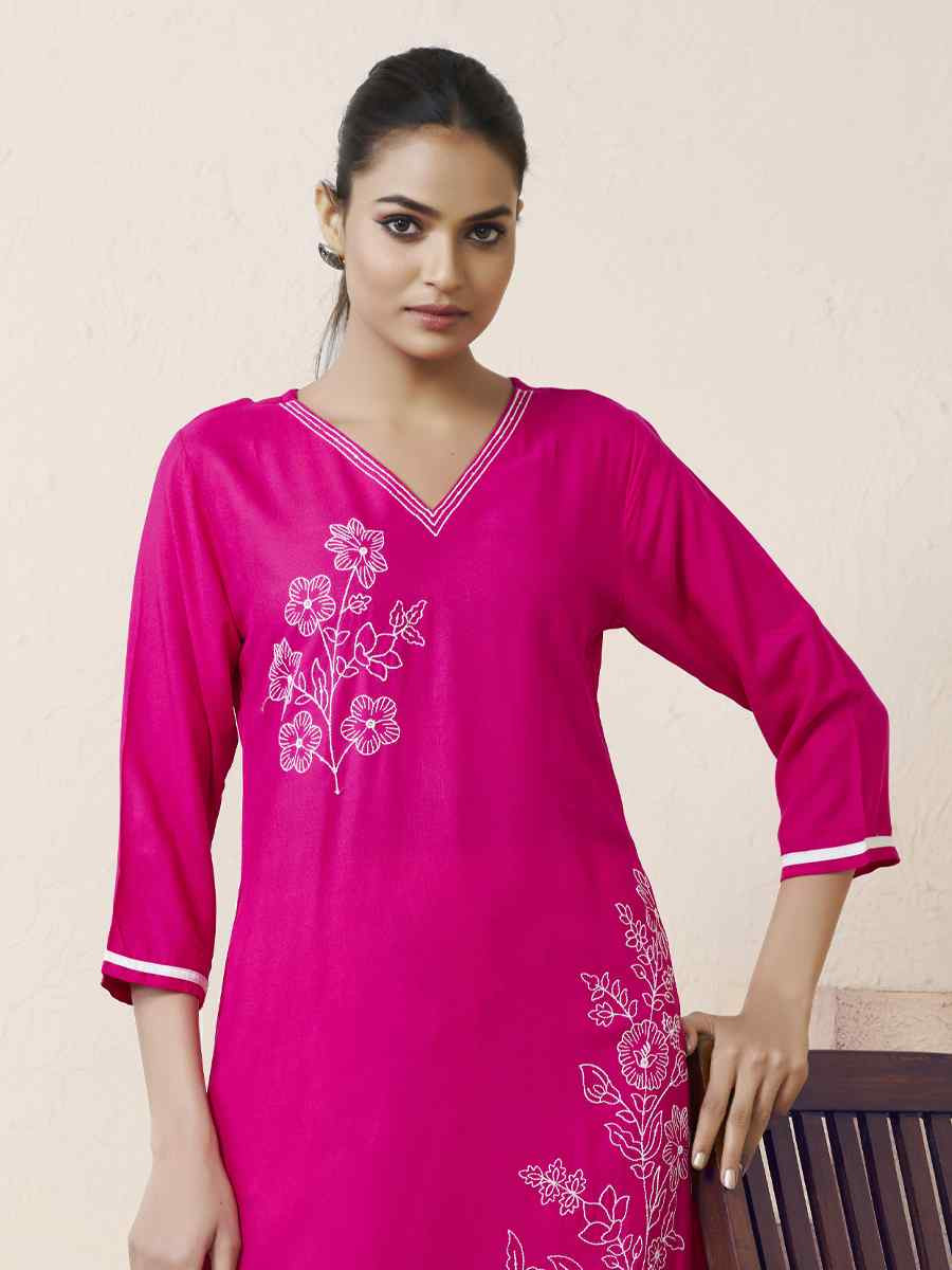 Pink Viscose Rayon Embroidered Festival Casual Kurti