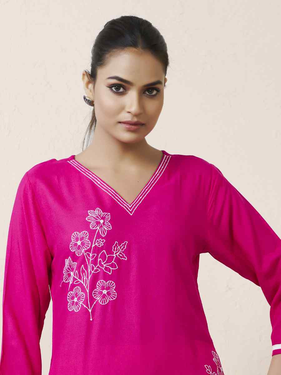 Pink Viscose Rayon Embroidered Festival Casual Kurti