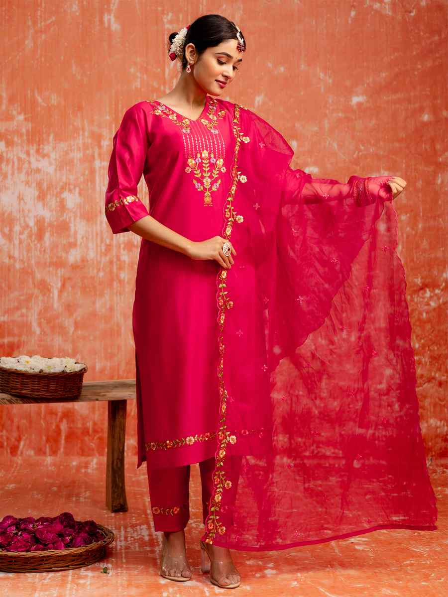 Pink Viscose Rayon Embroidered Party Wedding Ready Pant Salwar Kameez