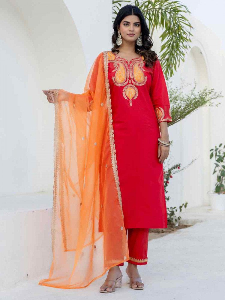 Image of Pink Viscose Rayon Embroidery Party Wedding Festival Casual Ready Pant Salwar Kameez