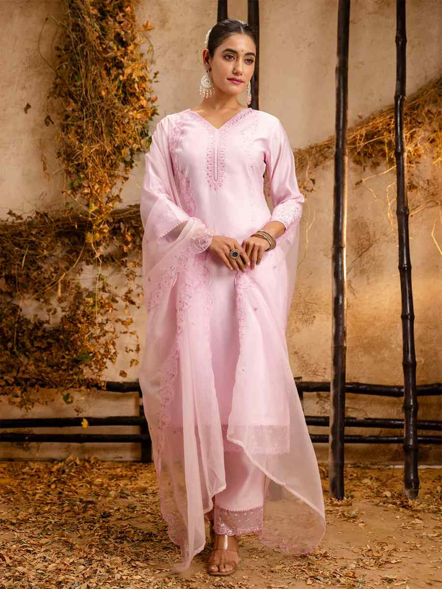 Pink Viscose Roman Silk Embroidered Festival Casual Ready Pant Salwar Kameez