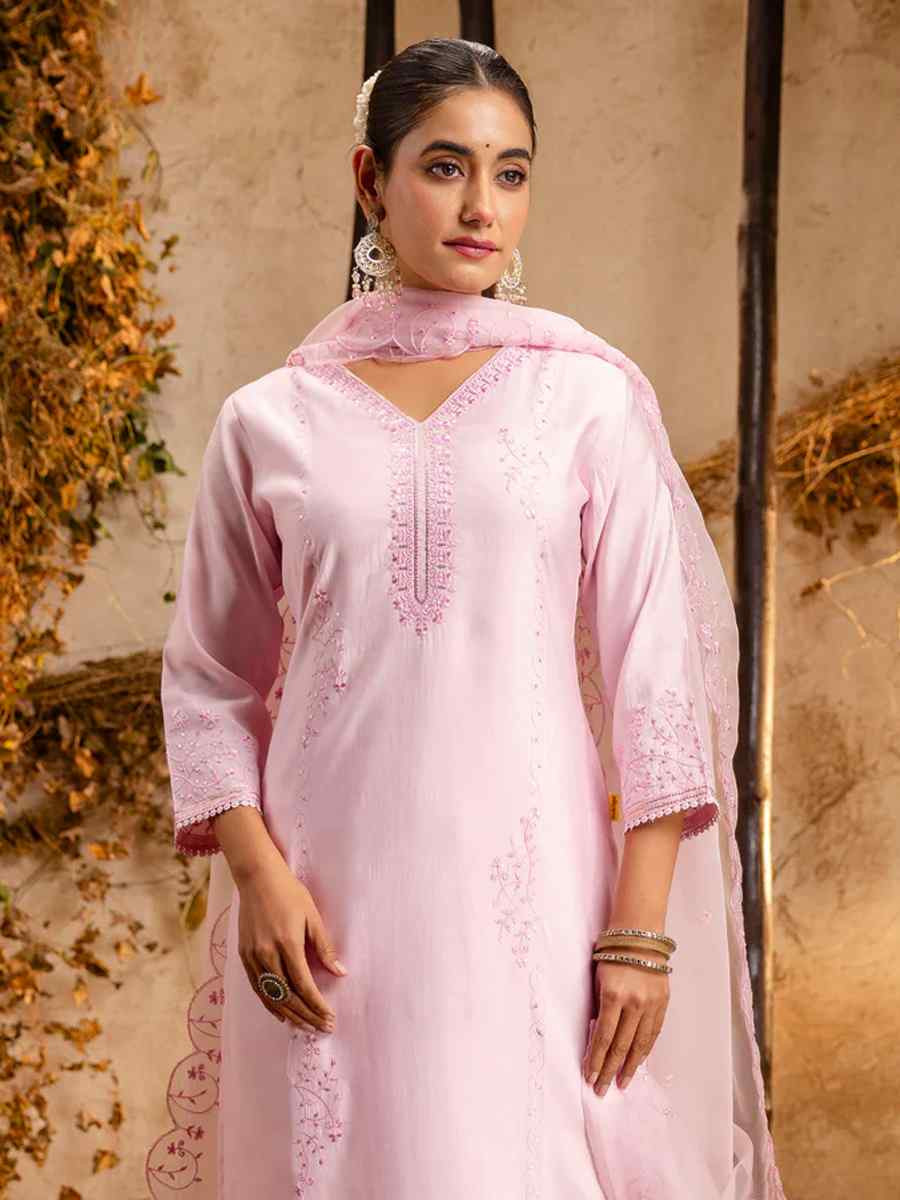 Pink Viscose Roman Silk Embroidered Festival Casual Ready Pant Salwar Kameez