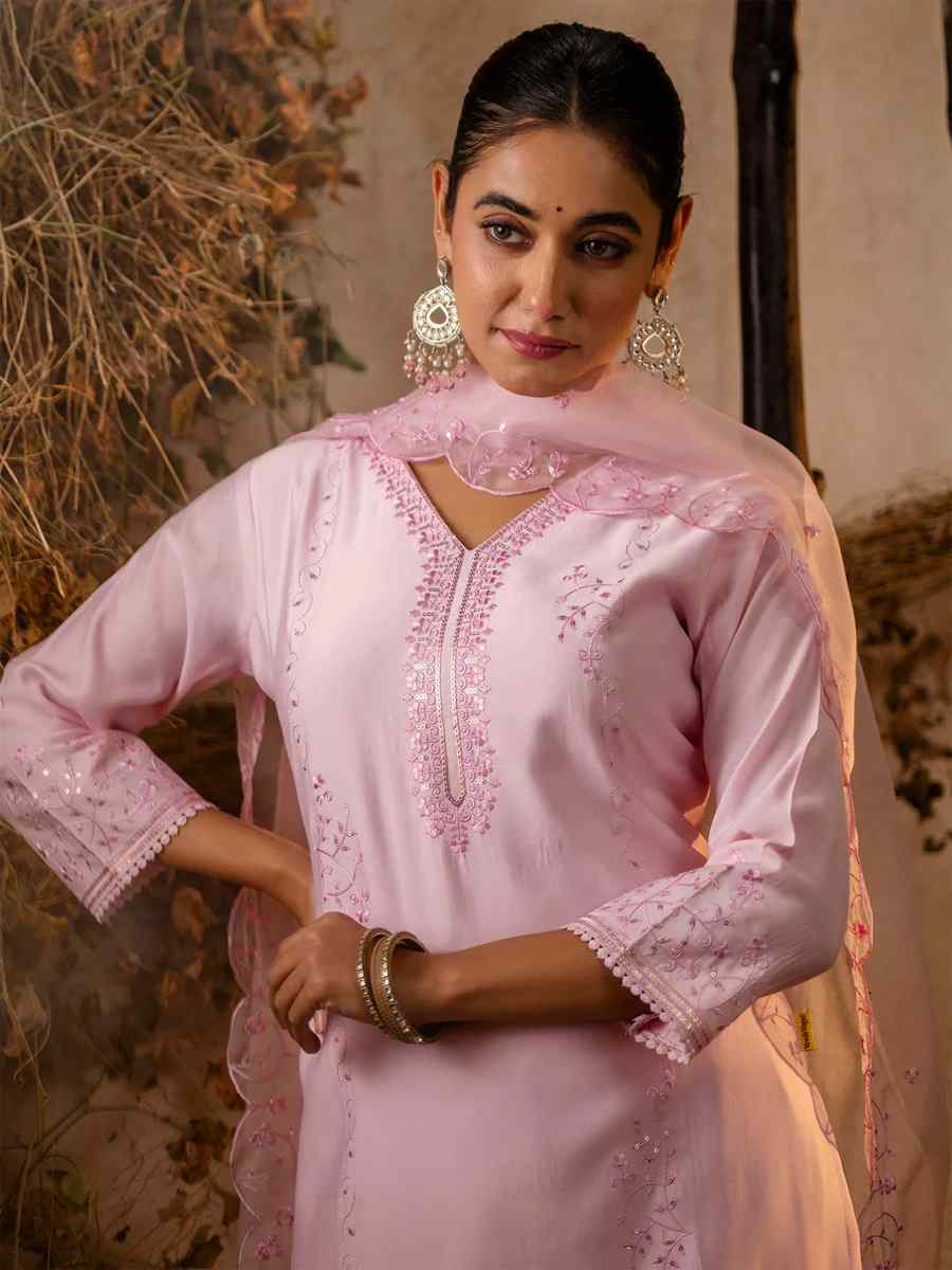 Pink Viscose Roman Silk Embroidered Festival Casual Ready Pant Salwar Kameez