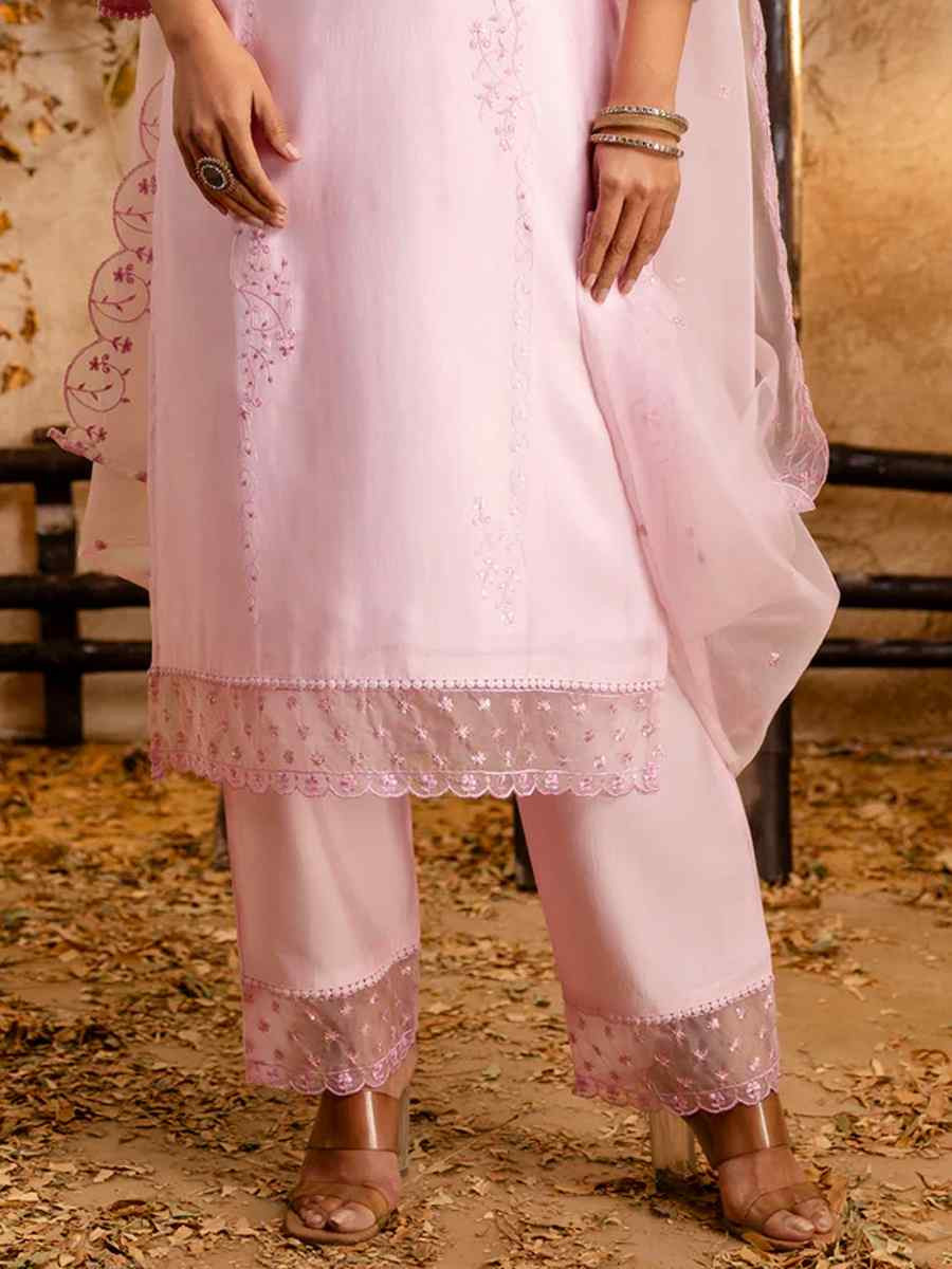 Pink Viscose Roman Silk Embroidered Festival Casual Ready Pant Salwar Kameez