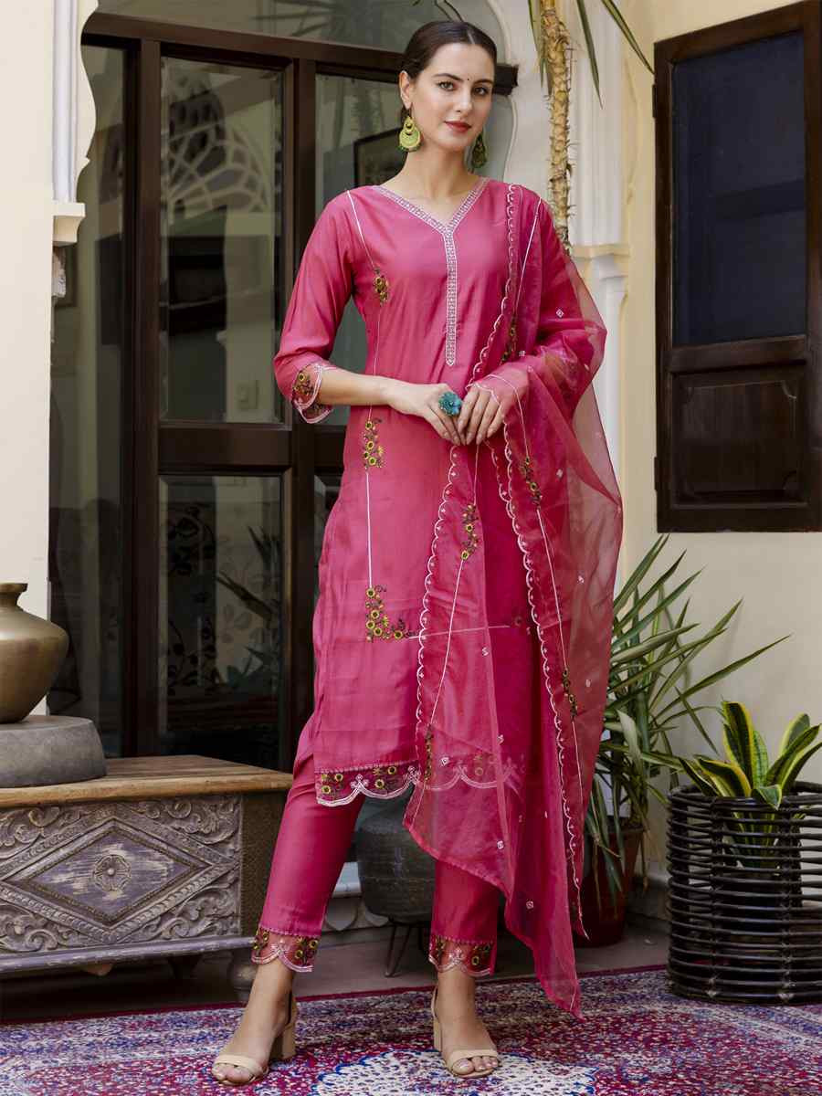 Pink Viscose Roman Silk Embroidery Party Wedding Festival Casual Ready Pant Salwar Kameez