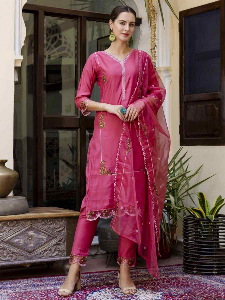 Image of Pink Viscose Roman Silk Embroidery Party Wedding Festival Casual Ready Pant Salwar Kameez