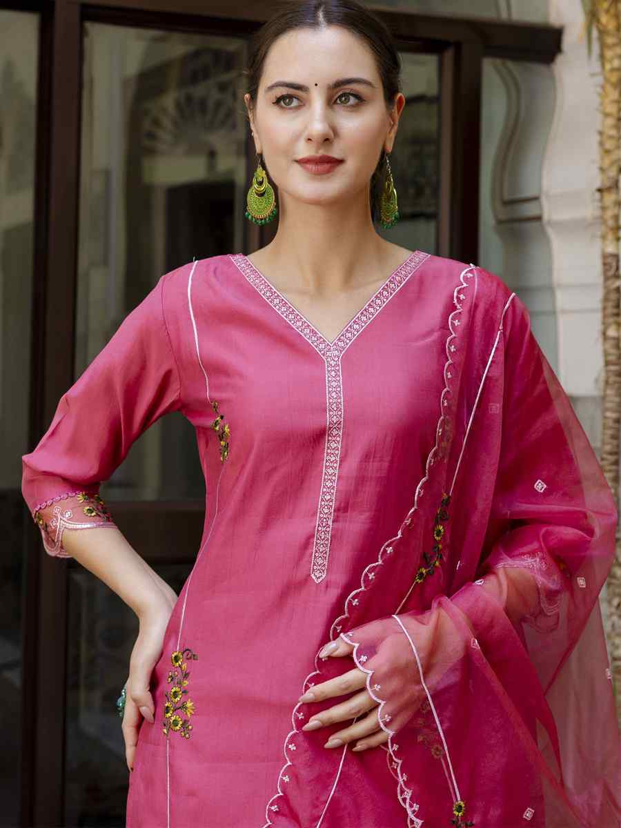 Pink Viscose Roman Silk Embroidery Party Wedding Festival Casual Ready Pant Salwar Kameez