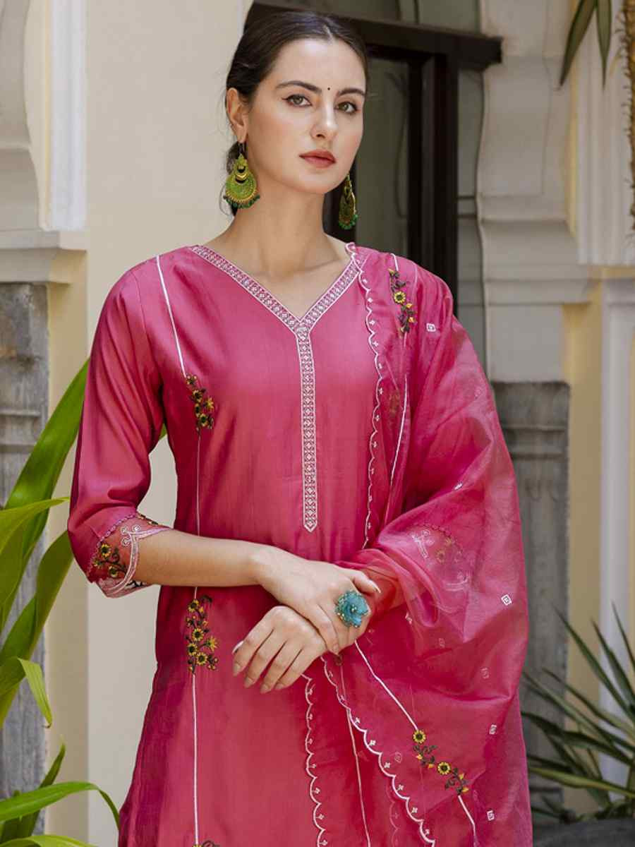 Pink Viscose Roman Silk Embroidery Party Wedding Festival Casual Ready Pant Salwar Kameez
