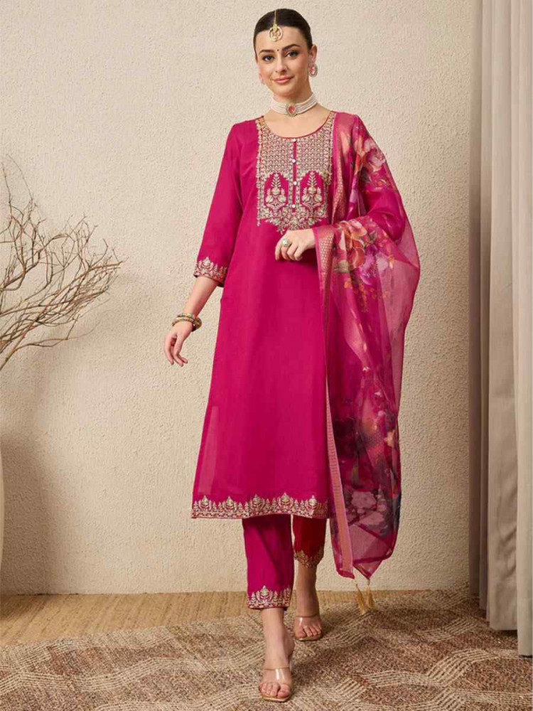 Image of Pink Viscose Roman Silk Embroidery Party Wedding Festival Casual Ready Pant Salwar Kameez