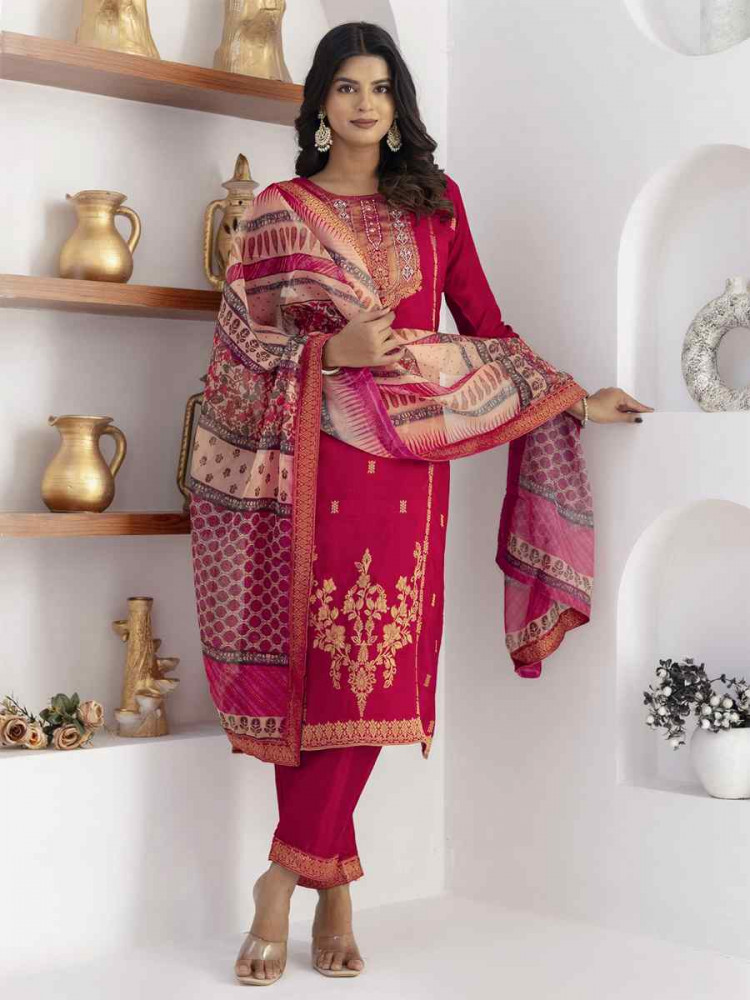 Image of Pink Viscose Self Jacquard Embroidery Party Wedding Festival Casual Ready Pant Salwar Kameez