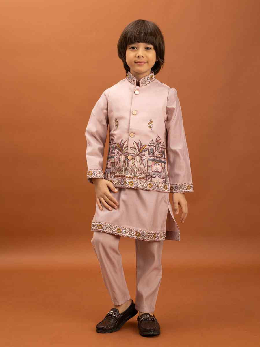 Pink Viscose Silk Embroidery Festival Traditional Kurta Pyjama Boys Wear