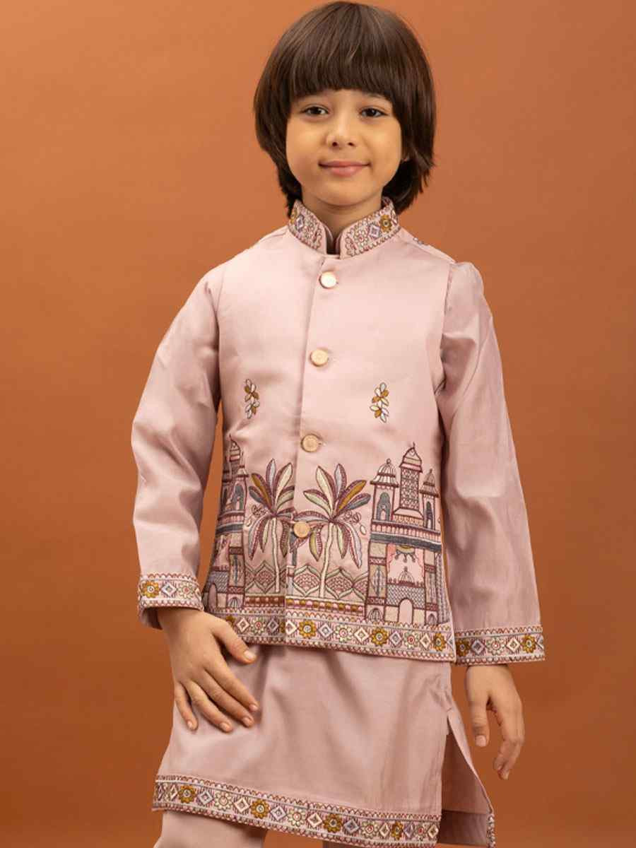 Pink Viscose Silk Embroidery Festival Traditional Kurta Pyjama Boys Wear