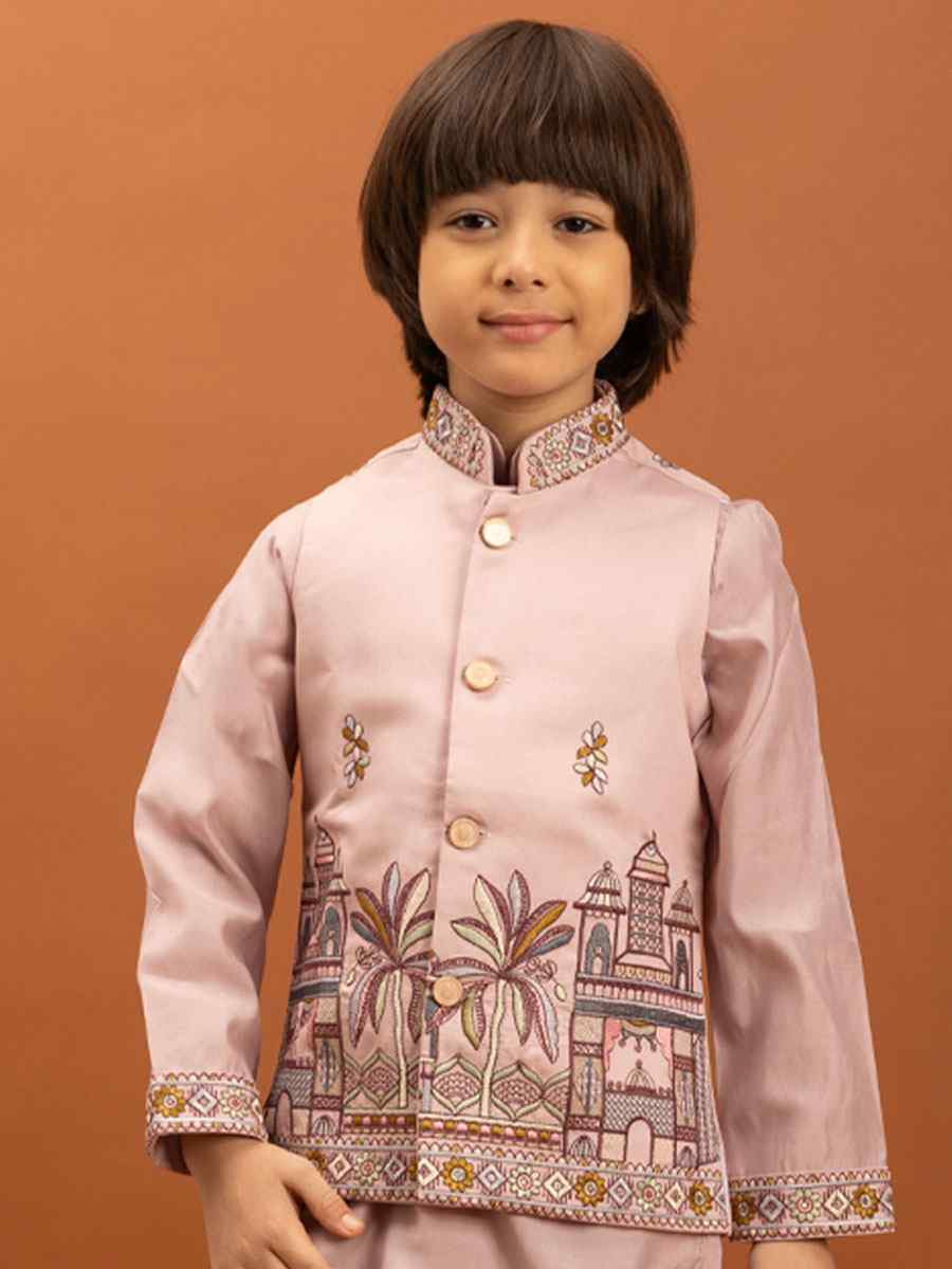 Pink Viscose Silk Embroidery Festival Traditional Kurta Pyjama Boys Wear