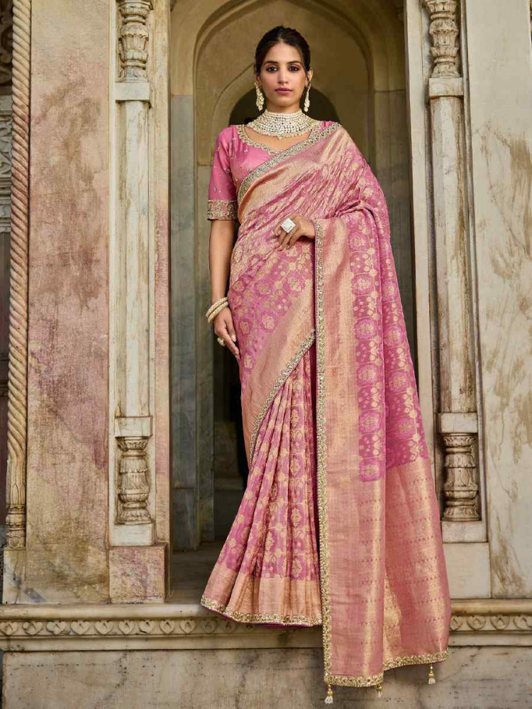 Image of Pink Viscose Tissue Embroidery Traditional Casual Reception Festival Wedding Fancy Heavy Border Saree