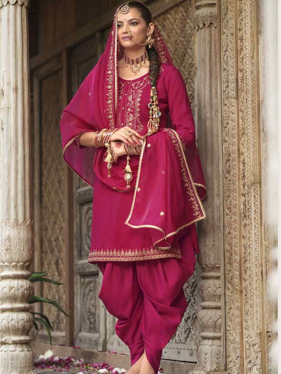 Pink Viscouse Self Jacquard Embroidered Festival Mehendi Ready Doti Pant Salwar Kameez
