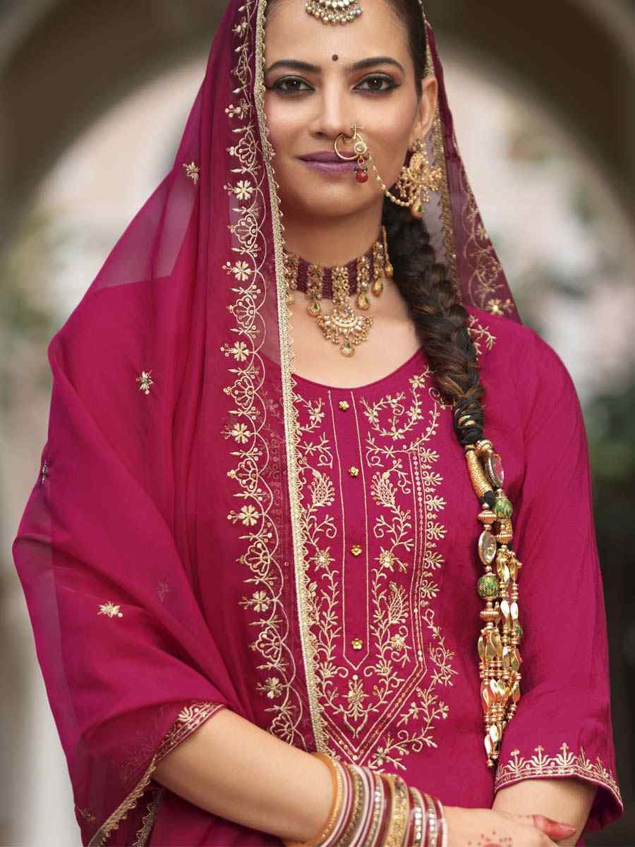 Pink Viscouse Self Jacquard Embroidered Festival Mehendi Ready Doti Pant Salwar Kameez