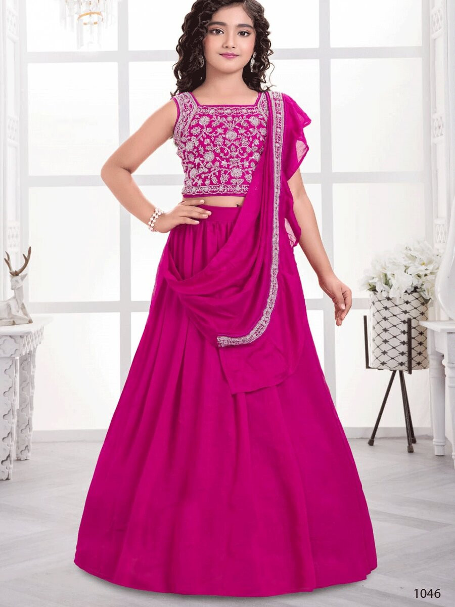 Pink Visitra Silk Embroidered Wedding Festival Party Lehengas Girls Wear