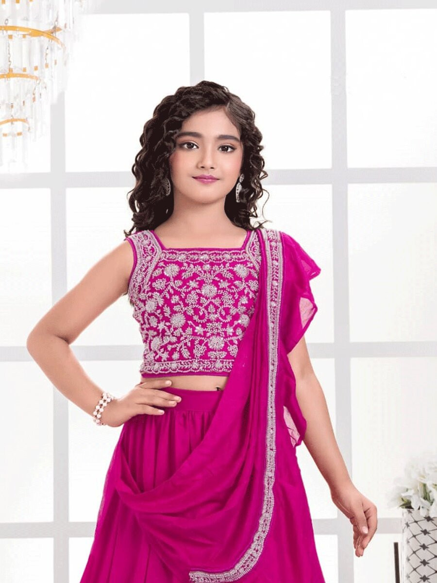 Pink Visitra Silk Embroidered Wedding Festival Party Lehengas Girls Wear