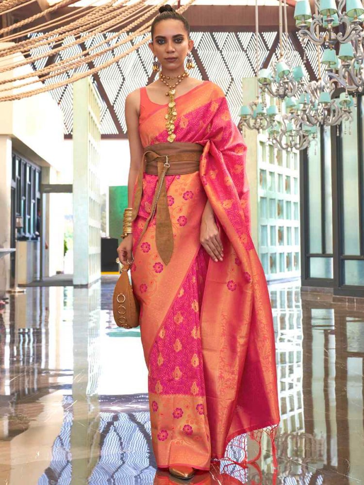 Pink Weaving Silk Handwoven Wedding Festival Heavy Border Saree