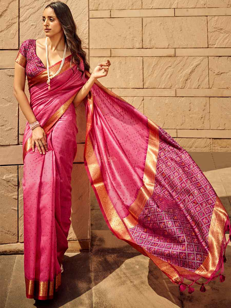 Pink Weaving Silk Handwoven Wedding Festival Heavy Border Saree
