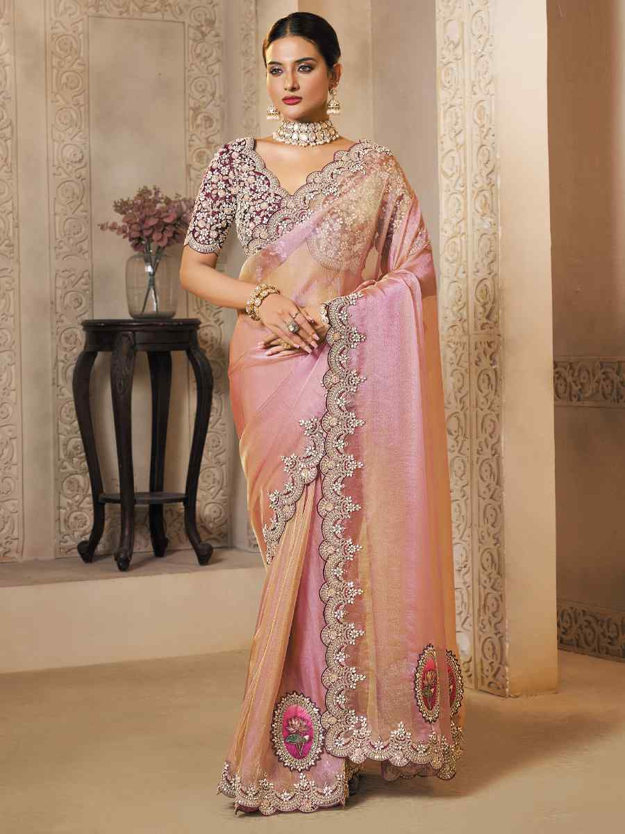 Pink Zari Organza Silk Embroidery Traditional Bridal Reception Festival Wedding Fancy Heavy Border Saree