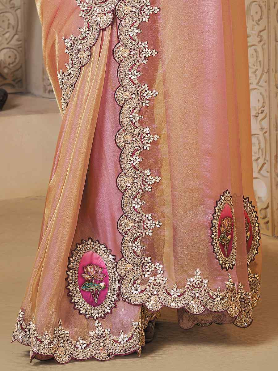 Pink Zari Organza Silk Embroidery Traditional Bridal Reception Festival Wedding Fancy Heavy Border Saree