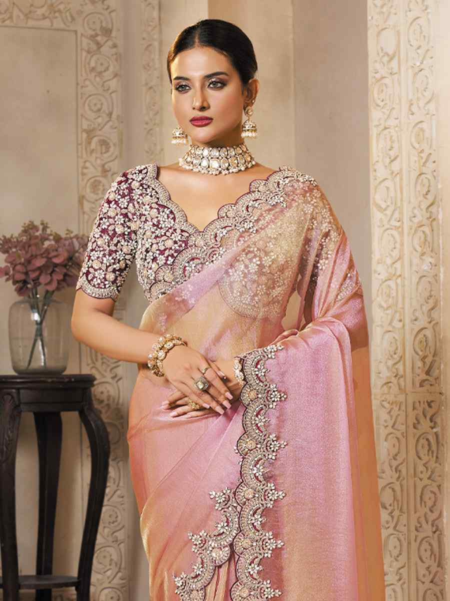 Pink Zari Organza Silk Embroidery Traditional Bridal Reception Festival Wedding Fancy Heavy Border Saree