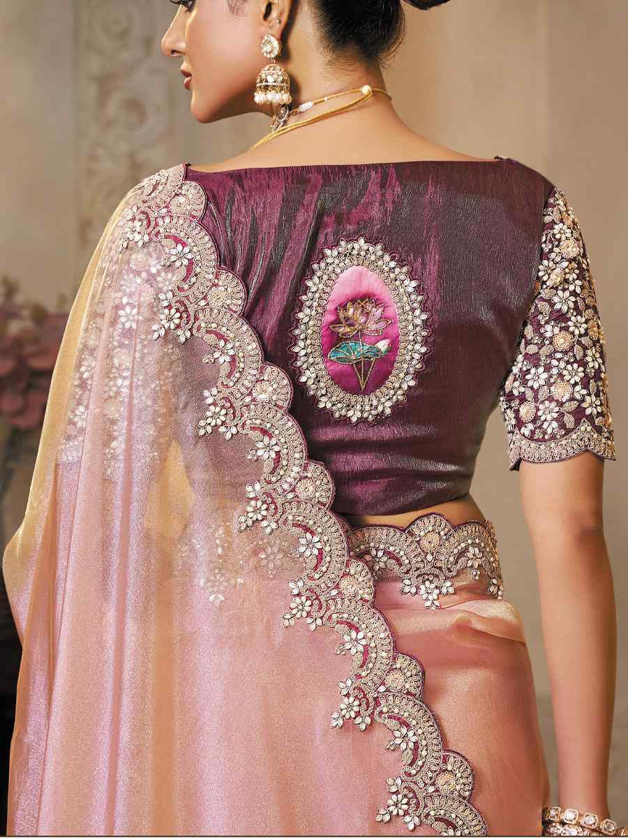 Pink Zari Organza Silk Embroidery Traditional Bridal Reception Festival Wedding Fancy Heavy Border Saree