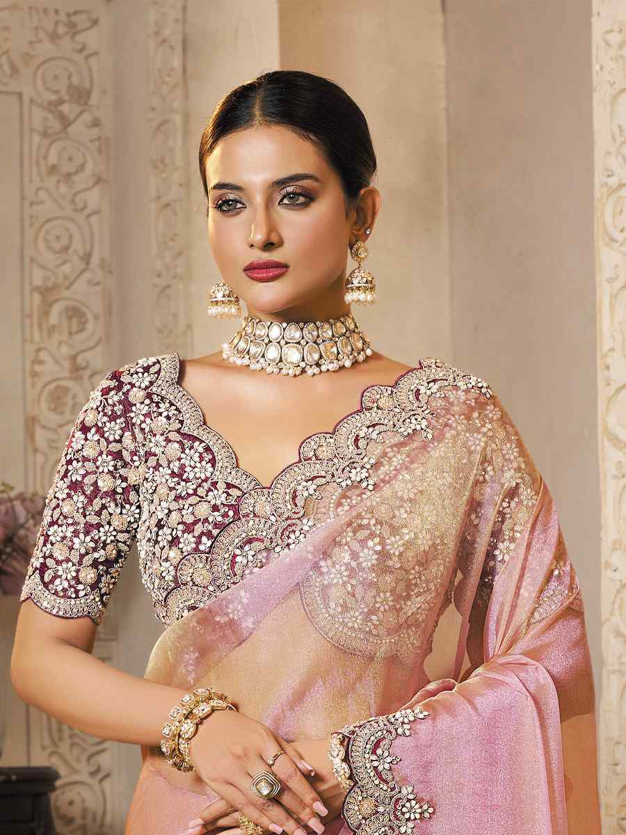 Pink Zari Organza Silk Embroidery Traditional Bridal Reception Festival Wedding Fancy Heavy Border Saree
