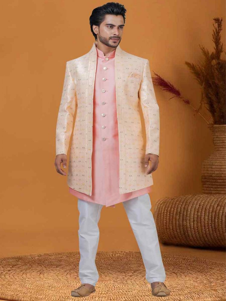 Pinkish Pitch Jacquard Silk Woven Groom Wedding Sherwani