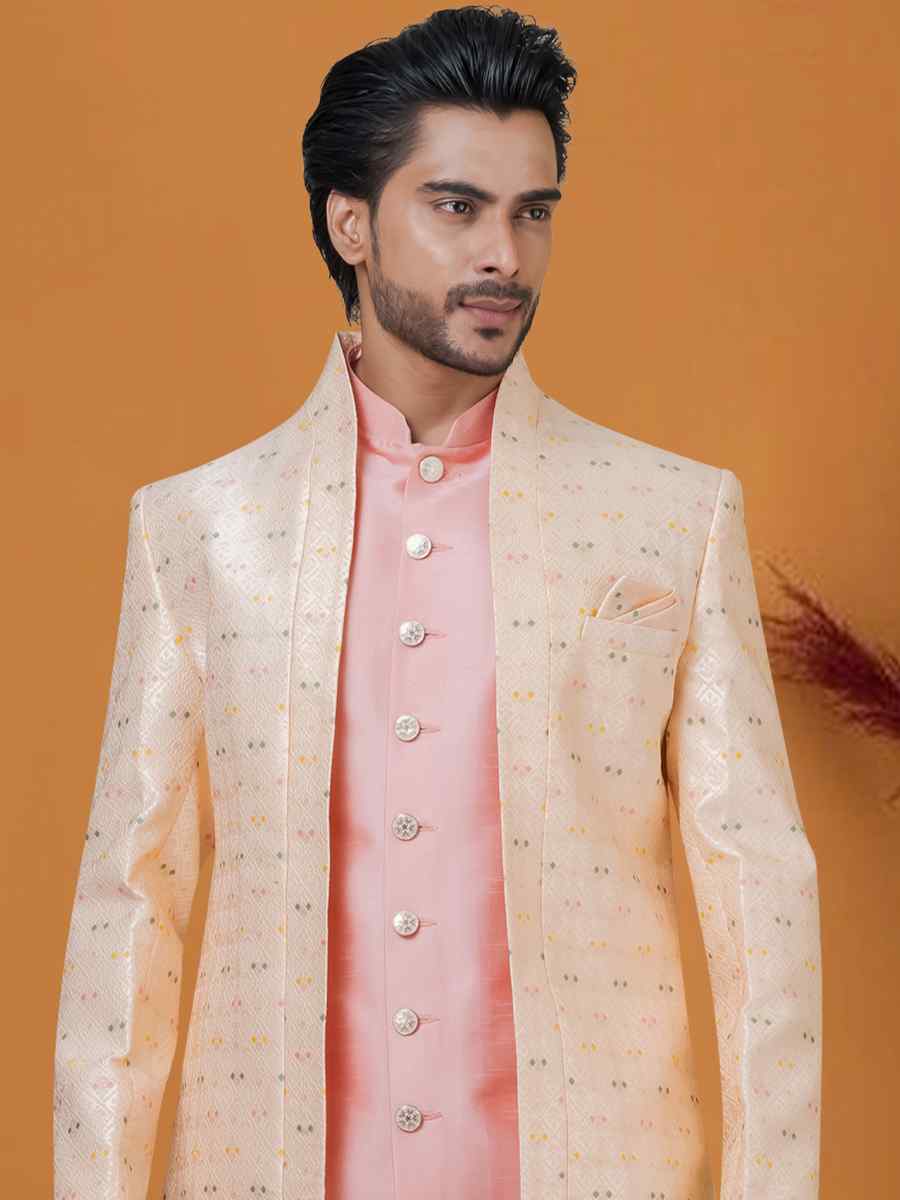 Pinkish Pitch Jacquard Silk Woven Groom Wedding Sherwani