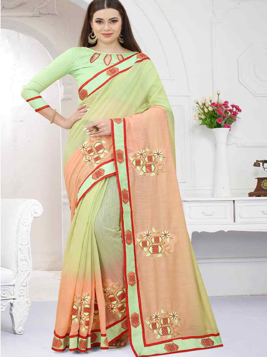 Pista And Orange Art Silk Embroidery Casual Reception Festival Wedding Fancy Heavy Border Saree