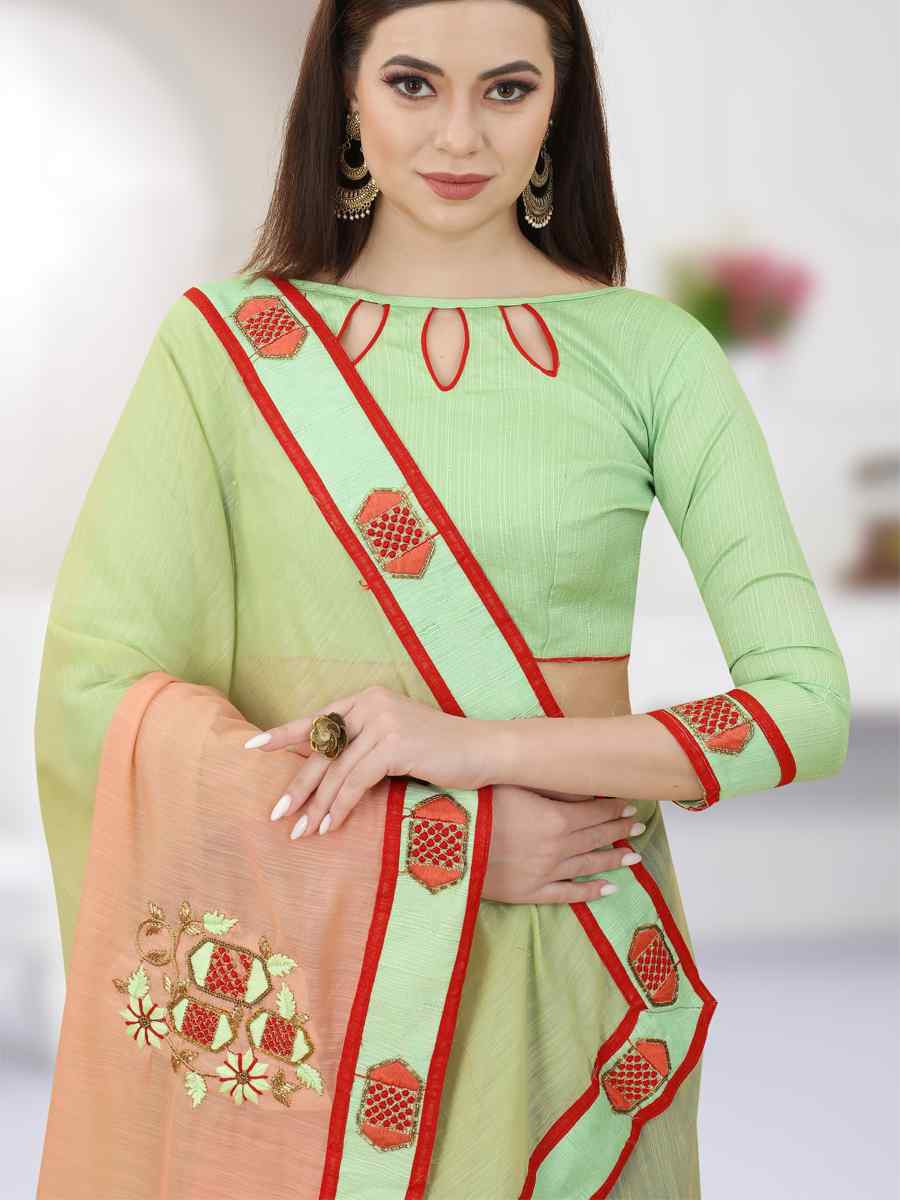 Pista And Orange Art Silk Embroidery Casual Reception Festival Wedding Fancy Heavy Border Saree