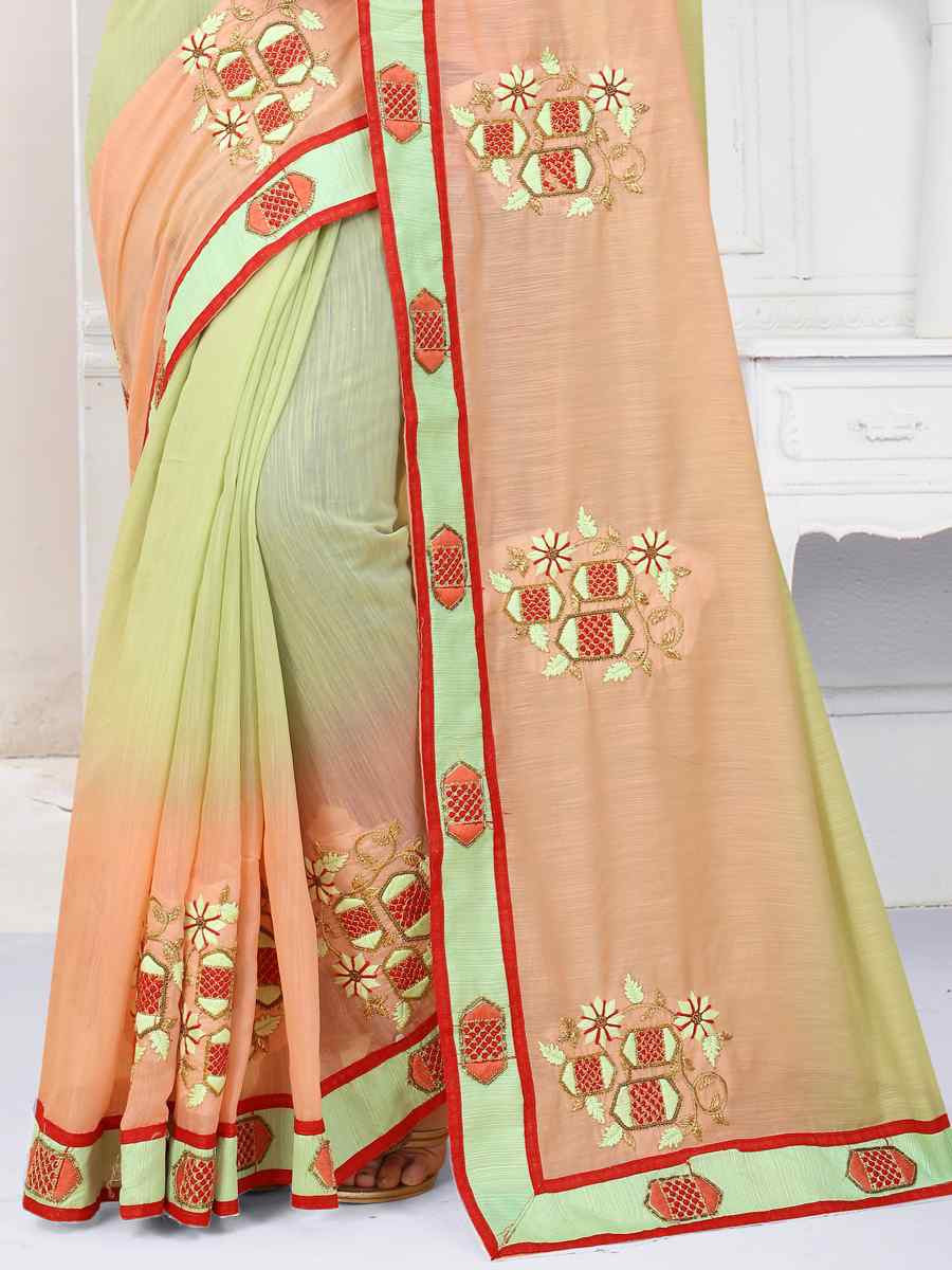 Pista And Orange Art Silk Embroidery Casual Reception Festival Wedding Fancy Heavy Border Saree